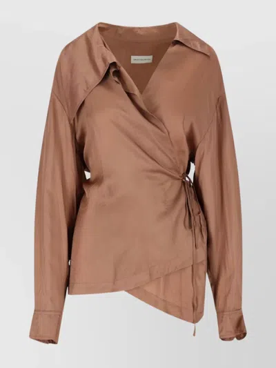Dries Van Noten Waist Tie Asymmetric Hem Wrap Top In Nude