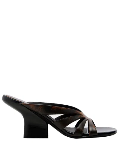 Dries Van Noten Leather Wedge Mule Block Heel Strappy In Black