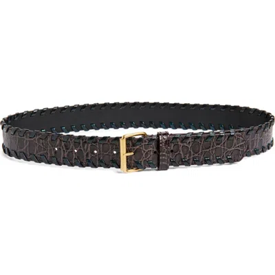 Dries Van Noten Whipstitch Croc Embossed Leather Belt In Brown
