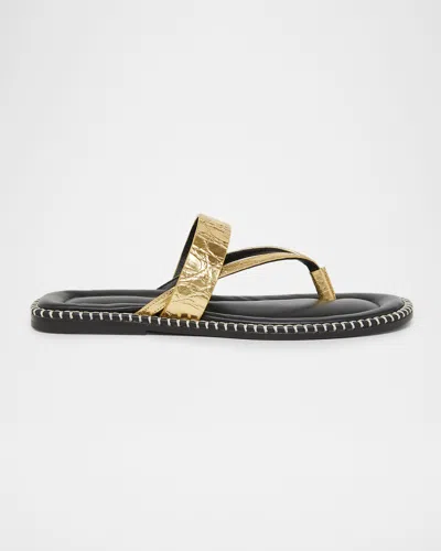 Dries Van Noten Whipstitch Croc-embossed Metallic Leather Thong Sandals In Gold