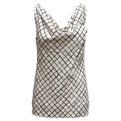 Pre-owned Dries Van Noten White & Black  Silk Grid Print Cowl Neck Tank Size Us S