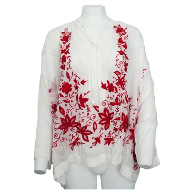 Pre-owned Dries Van Noten White Cotton Tunic With Red Floral Embroidery Sz 40