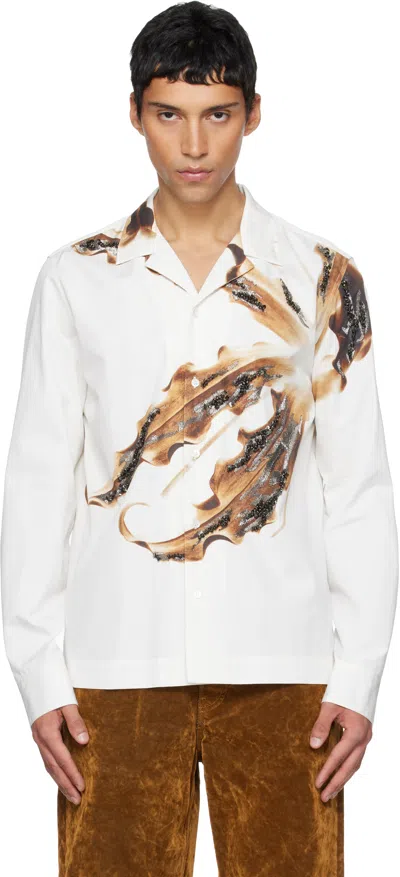 Dries Van Noten White Embroidered Cotton Shirt In Brown