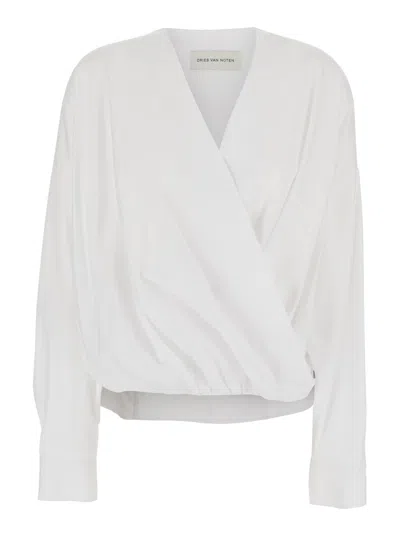 Dries Van Noten White Shirt With Draping And V-neck In Cotton Poplin Woman In Multicolor