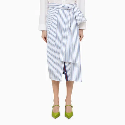 DRIES VAN NOTEN WHITE STRIPED BLUE COTTON MIDI SKIRT