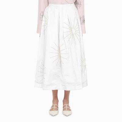 Dries Van Noten White Wide Midi Skirt With Embroidery