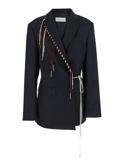 Dries Van Noten Women Blue Jacket With Classic Lapels And Lace-up Details In Wool Woman In Multi