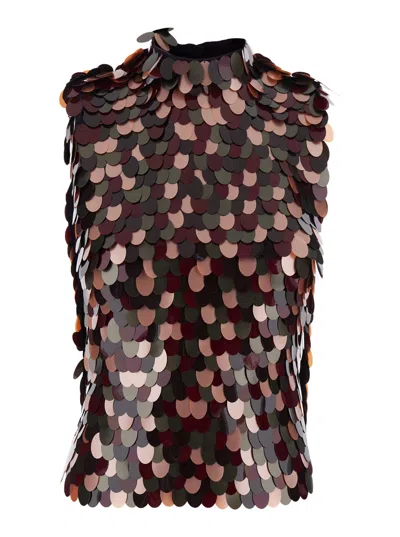 Dries Van Noten Women Bordeaux High Neck Top With All-over Sequins In Viscose Woman In Brown