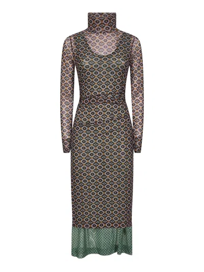 DRIES VAN NOTEN DRIES VAN NOTEN WOMEN BROWN PRINTED MESH LAYERED MIDI DRESS<BR/>