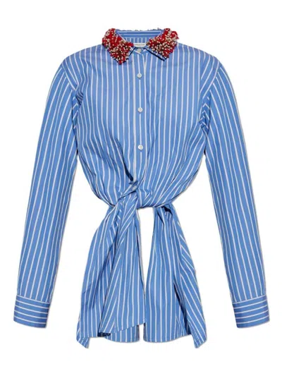 Dries Van Noten Embellished Striped Cotton Poplin Shirt In Light Blue