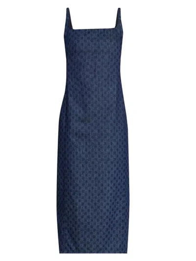 Dries Van Noten Debano Printed Denim Sleeveless Midi Dress In Blue