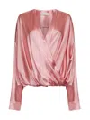 Dries Van Noten Stretch Satin Wrap Blouse With Buttoned Cuffs In Pink
