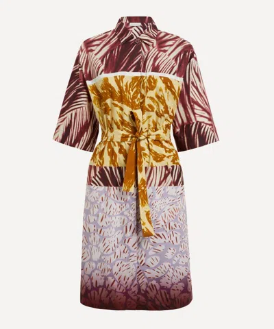 Dries Van Noten Womens Burgundy Abstract-print Belted Cotton-poplin Midi Dress