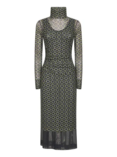 DRIES VAN NOTEN DRIES VAN NOTEN WOMEN GREEN PRINTED MESH LAYERED MIDI DRESS