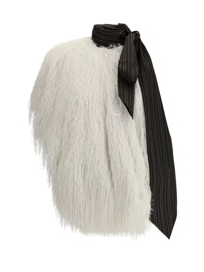Dries Van Noten Women Halterneck Fringed Top With A Striped Scarf In White