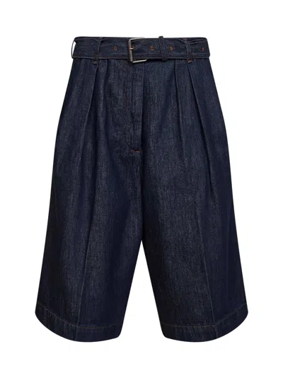 Dries Van Noten Women Indigo Denim Belted And Pleated Bermuda Shorts In Blue