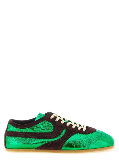 Dries Van Noten Laminated Leather Sneakers Metallic Finish Panels In Green