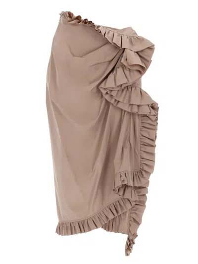 Dries Van Noten Women Beige Poplin Asymmetric Ruffled Midi Skirt In Brown