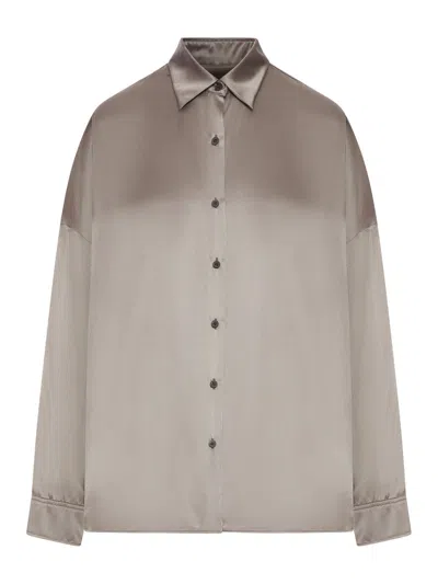 Dries Van Noten Long Sleeve Collared Satin Nylon Silk Shirt In Brown