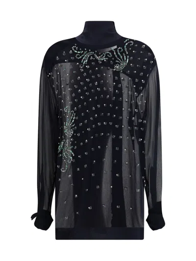 Dries Van Noten Women Viscose Blouse With Pussy-bow And Jewelry Embellishments In Blue