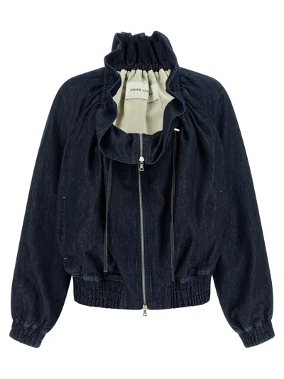 Dries Van Noten Denim Jacket Ruffled Collar Cuffs Hems In Blue