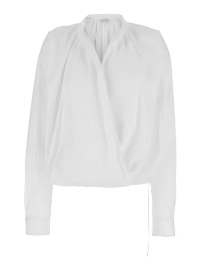 Dries Van Noten Women White V-neck Blouse With Long Sleeves In Cotton Woman