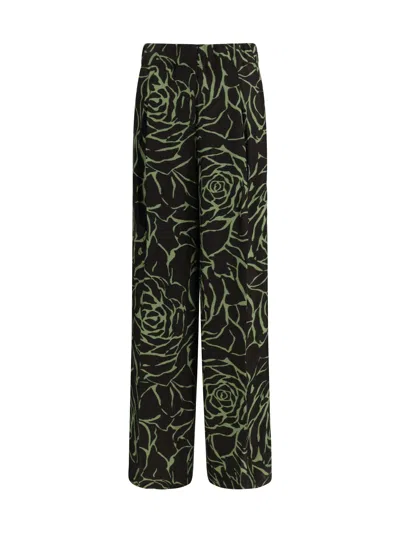 Dries Van Noten Pila Giant Couture Rose Print Pleated Wide Leg Twill Pants In Green