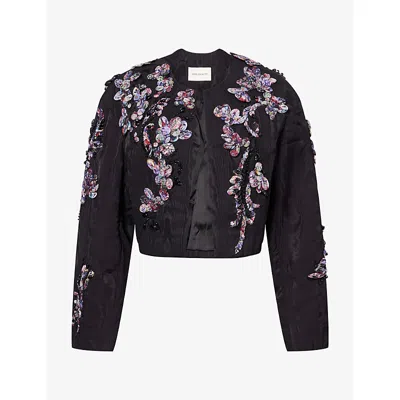 Dries Van Noten Womens Black Bead-embellished Cropped Woven Jacket In Blue