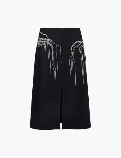 Dries Van Noten Womens Black Embellished Regular-fit Brushed Wool-blend Midi Skirt