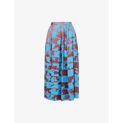 Dries Van Noten Womens Blue Pleated Printed Woven Midi Skirt