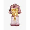 Dries Van Noten Womens Burgundy Abstract-print Belted Cotton-poplin Midi Dress