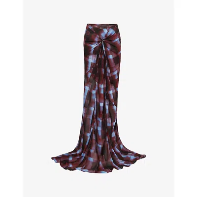 Dries Van Noten Womens Burgundy Smila Check-print Chiffon Maxi Skirt