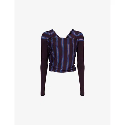 Dries Van Noten Womens Burgundy Striped Cropped Wool Top In Blue