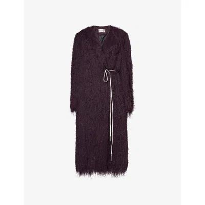 Dries Van Noten Womens Dark Purple Collarless Belted Fringed Coat
