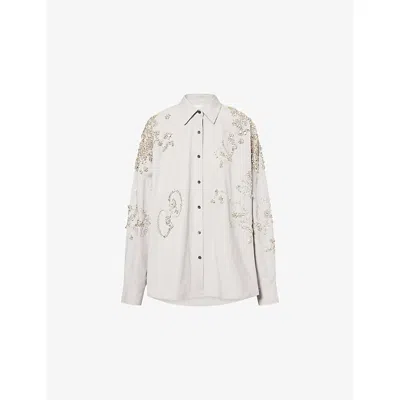 Dries Van Noten Womens Light Grey Casia Jewel-embellished Cotton Shirt In Gray