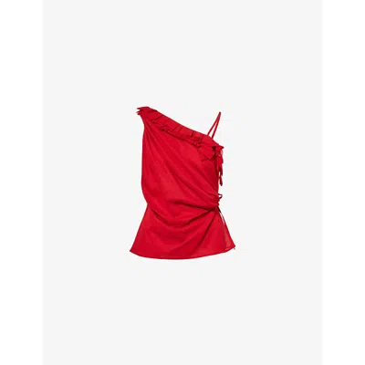 Dries Van Noten Womens Red Draped Asymmetric-neckline Stretch-silk Top