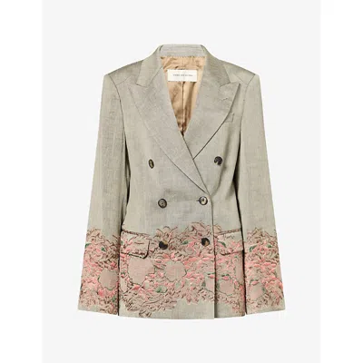 Dries Van Noten Womens  Embroidered Double-breasted Linen-blend Blazer In Grey