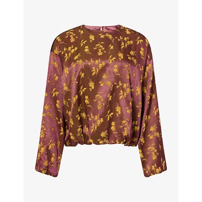 Dries Van Noten Womens  Floral-print Balloon-sleeve Satin Blouse In Purple