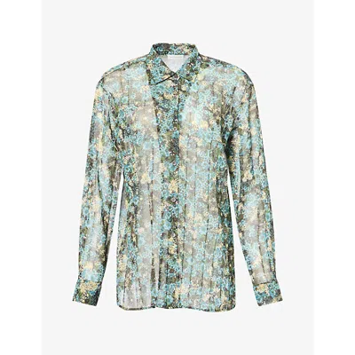 Dries Van Noten Womens  Floral-print Pleated Woven Shirt In Sky
