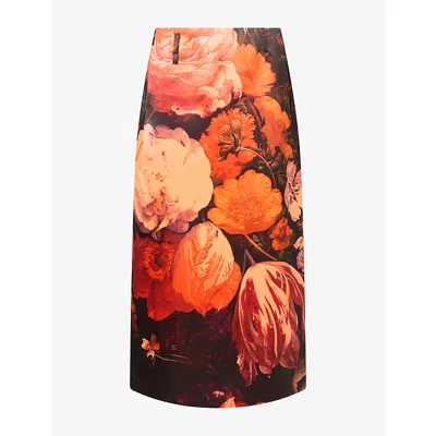 Dries Van Noten Womens  Floral-print Satin Midi Skirt In Neon Orange