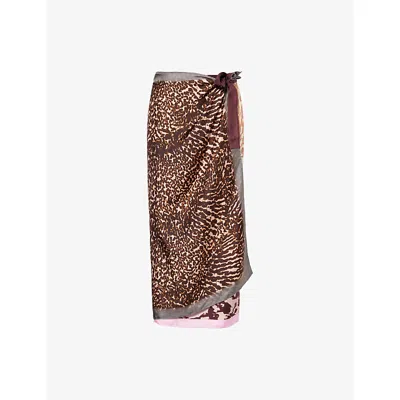 Dries Van Noten Womens Brown Wrap Printed Silk Midi Skirt