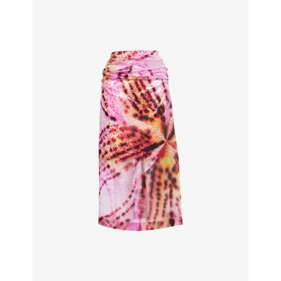 Dries Van Noten Womens Fuchsia Flower-print Ruched Woven-blend Midi Skirt