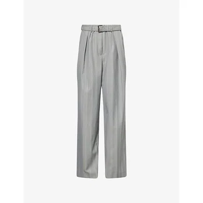 Dries Van Noten Womens Green Belted Striped Wool-blend Trousers In Gray