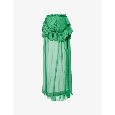 Dries Van Noten Womens Green Shelby Ruffled Silk Maxi Skirt