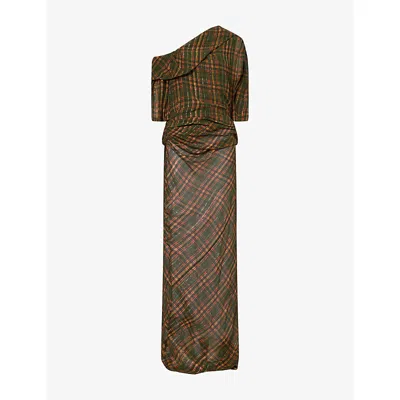 Dries Van Noten Womens Khaki Dellae Metallic Tartan-pattern Woven Maxi Dress In Brown