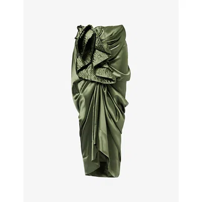 Dries Van Noten Womens Khaki Draped Silk-satin Midi Skirt In Green