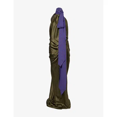 Dries Van Noten Womens Khaki Halterneck Printed Stretch-silk Blend Maxi Dress In Brown