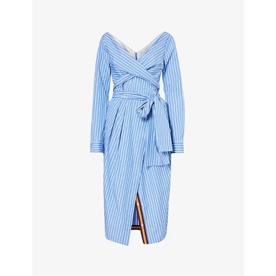 Dries Van Noten Womens Light Blue V-neck Striped Cotton Midi Dress