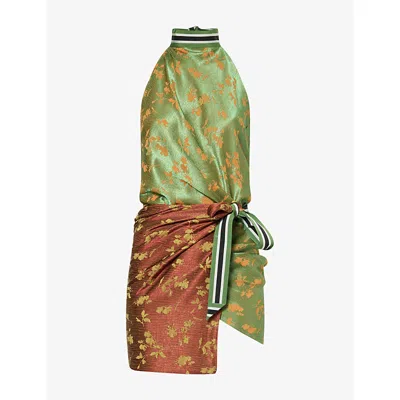 Dries Van Noten Womens Light Green Panelled Halter Wrap Woven Top