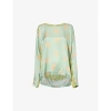 Dries Van Noten Womens Mint Bird-print Relaxed-fit Silk-blend Top
